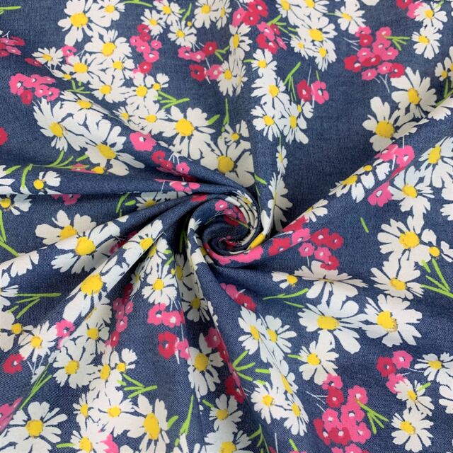Heavenly - Daisy Garden - Multicoloured Printed Cotton Denim Chambray Lightweight Shiriting - Close Up Fabric Photo 