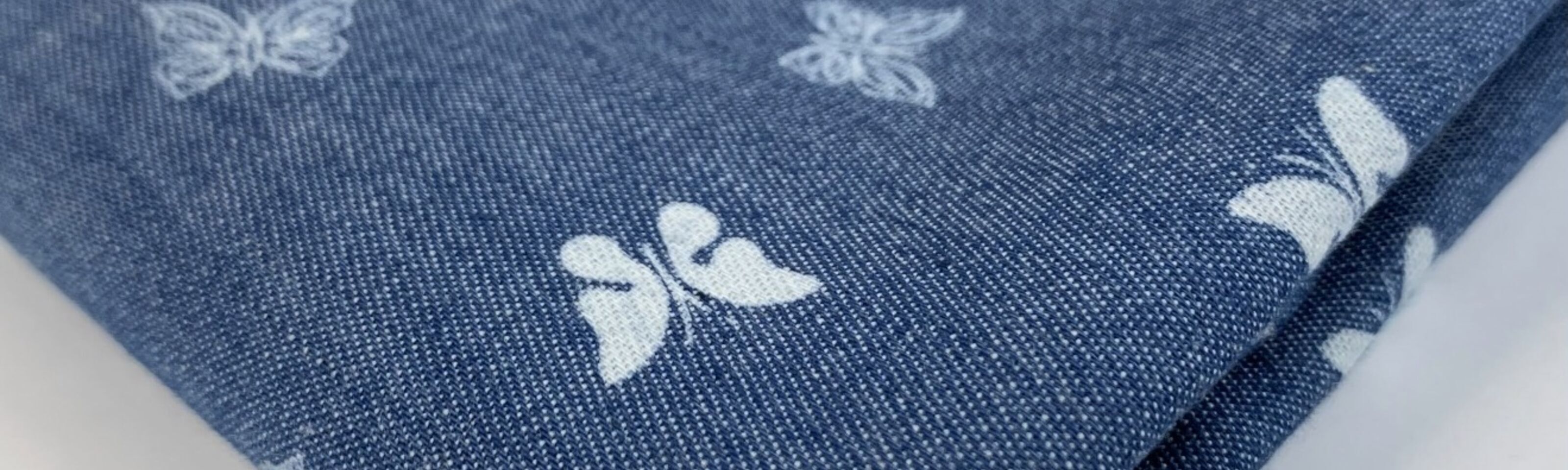 Heavenly - White Butterfly - Cotton Denim Chambray Butterflies Printed Shirting Fabric - Fold Fabric Photo