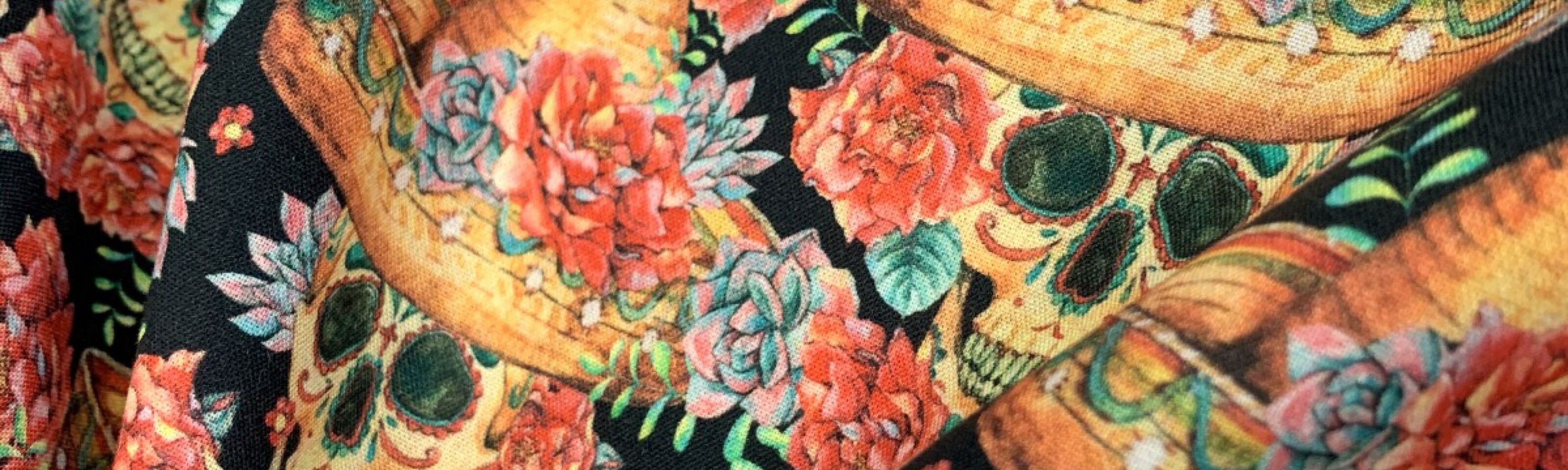 True Craft - Skulls - John Louden Korean Crafting Fabric - Black, Orange, Red, Tattoo, Floral - Fold
