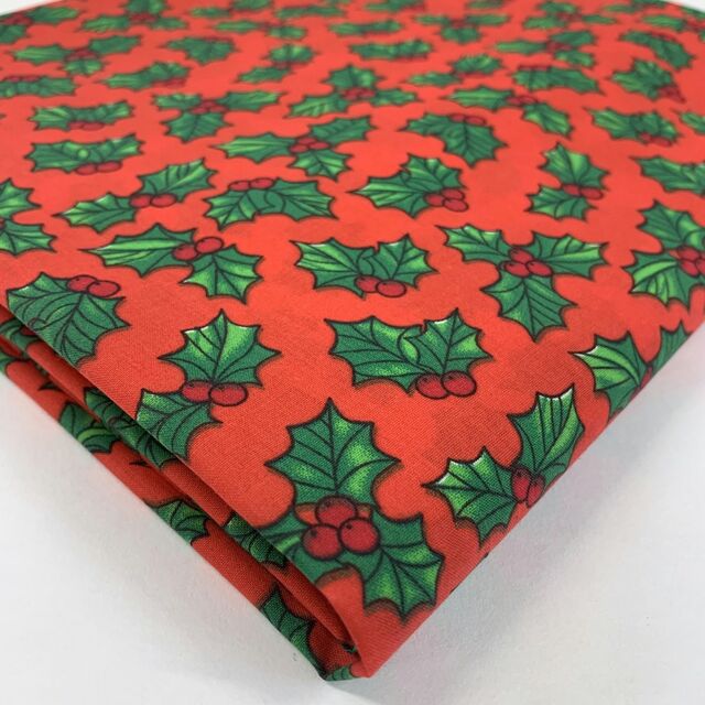 Christmas Poly/Cotton - Halls Of Holly - Red