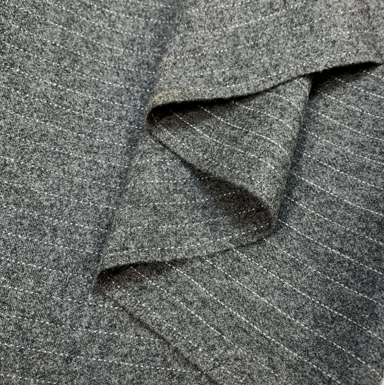 Grey Wool Polyester Mix Suiting Fabric Flannel Pinstripe