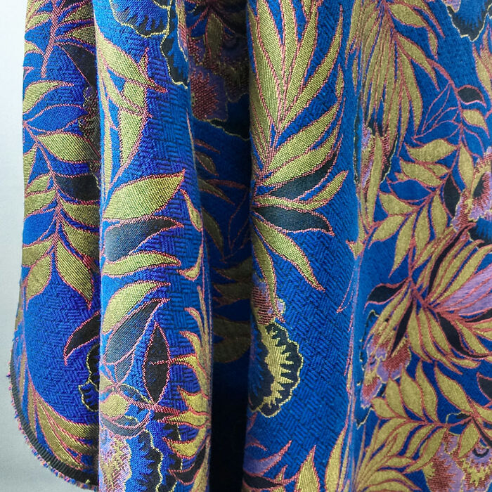 Juliet - Floral Royal Blue Gold Lilac Polyester French Quilted Jacquard Jacketing Fabric - Drape Fabric Photo