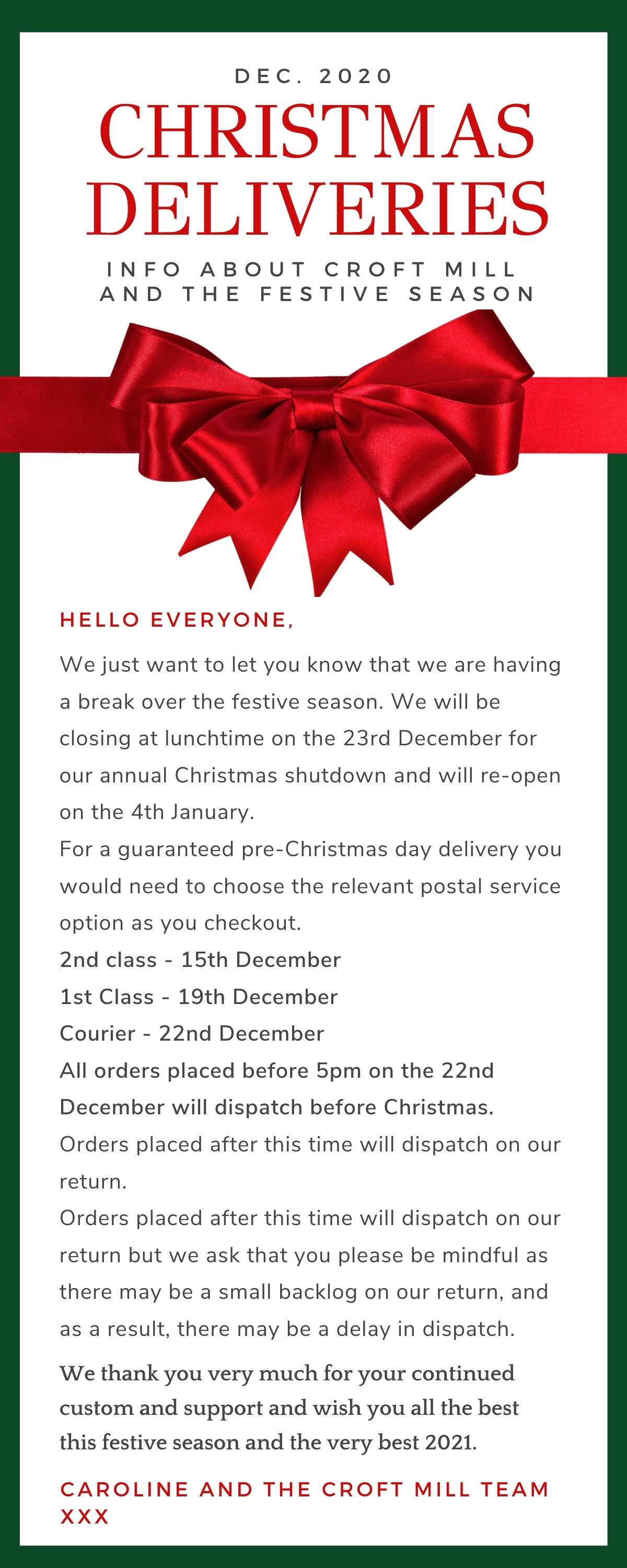 Mailchimp and website info-graphic re Croft Mill Christmas Deliveries 2020