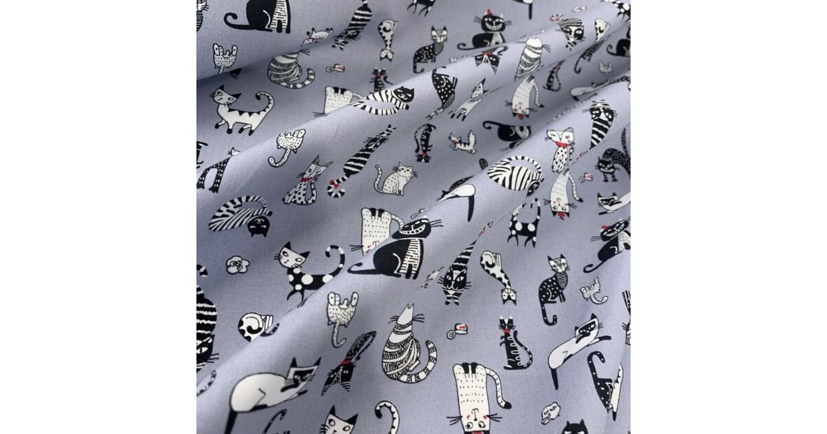 Grey Cotton Cat Fabric Poplin Prints Cats Grey