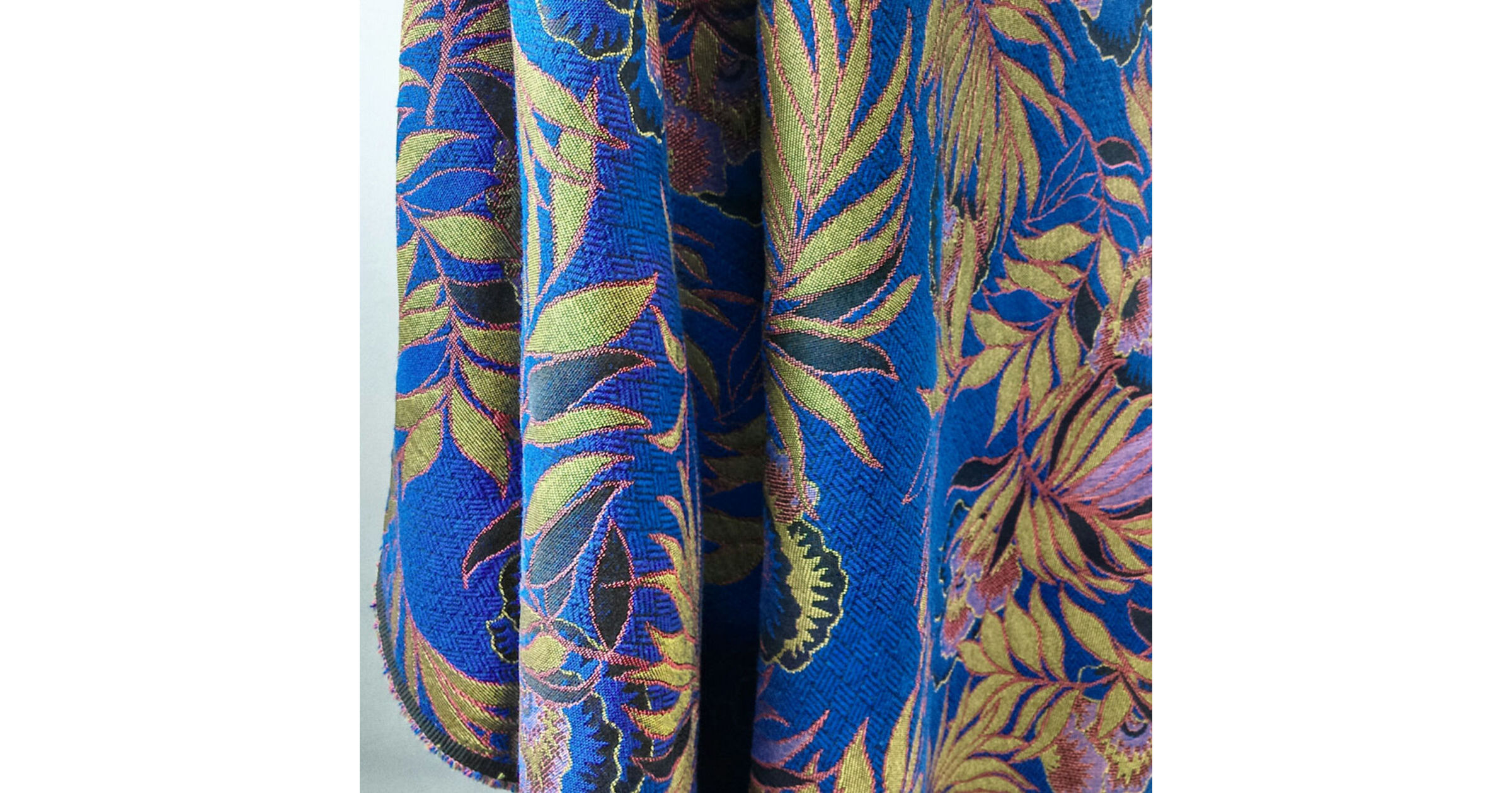 Juliet - Floral Royal Blue Gold Lilac Polyester French Quilted Jacquard Jacketing Fabric - Drape Fabric Photo