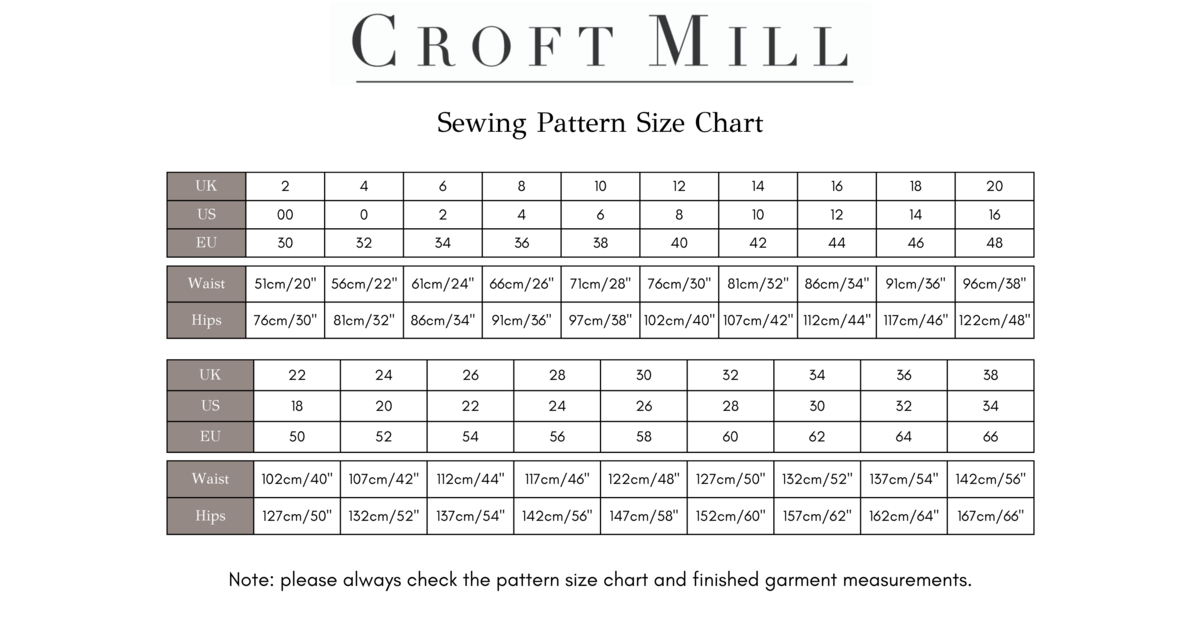 Sewing Pattern Size Guide | Croft Mill UK Ltd