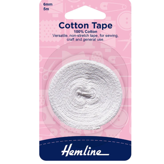 Hemline 6mm Wide White Cotton Twill Tape - 5 Metres