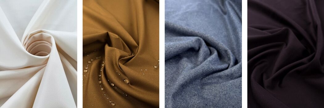 Pleather_Pearl_Water_Resistant_Cotton_Cambric_8oz_Tan_11oz_Eco_Denim_Mid_Blue_Fine_Gabardine_Violet