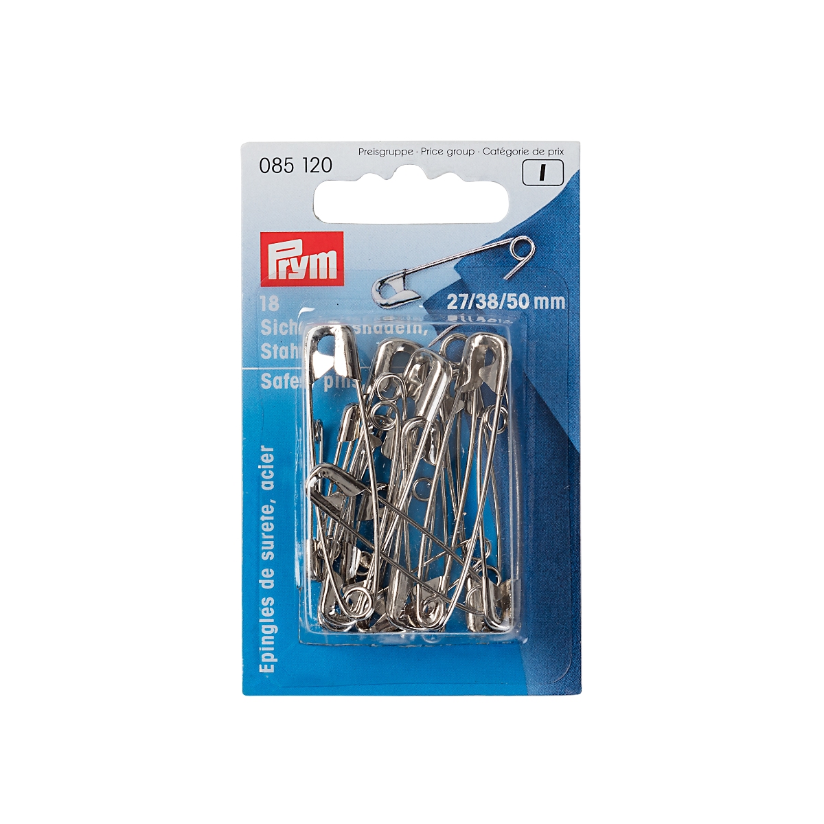 Prym 18 Assorted Safety Pins Silver 27 38 50mm 085120