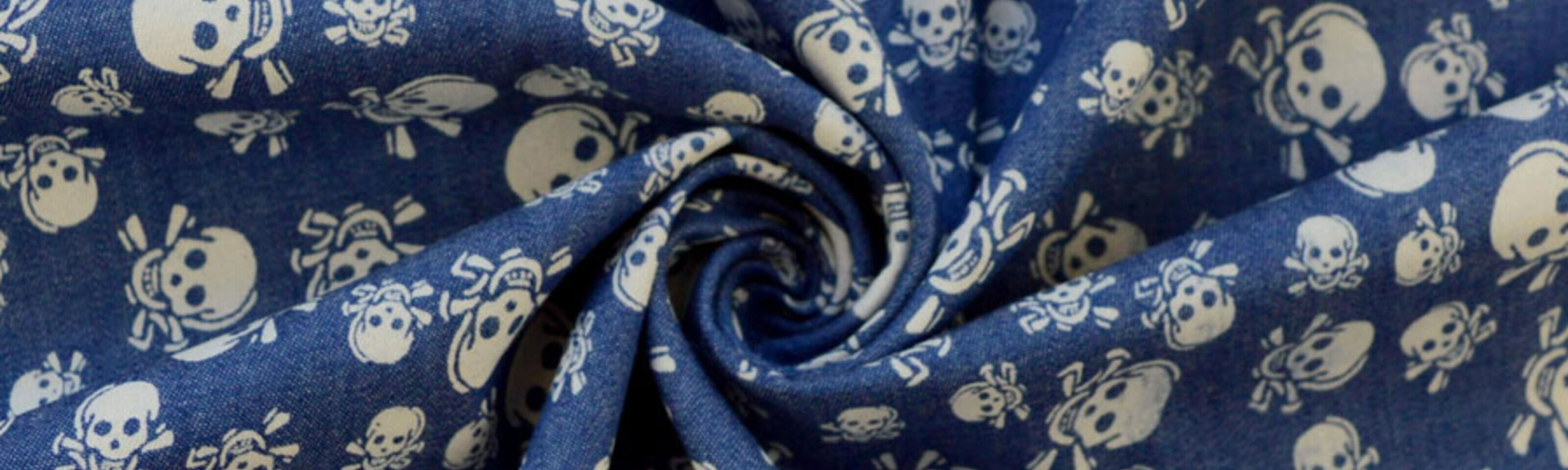 Denim - Heavenly - Skull & Bones - Cotton Skulls Patterned Denim Shirting Fabric CUD