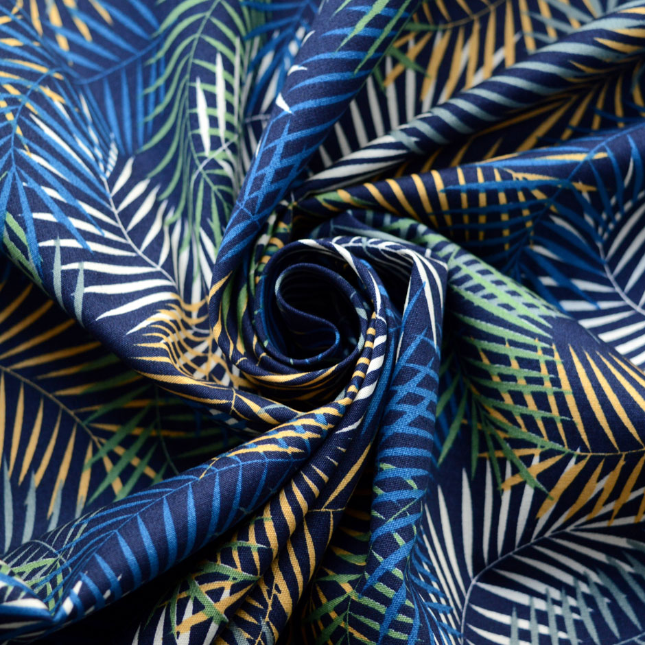Poplin Print Cotton Leaf Print Navy Fabric