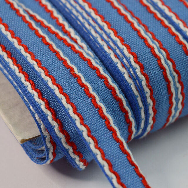 15mm Stitched Edge Braid Cotton Tape - Blue, Red & White (50m Roll)