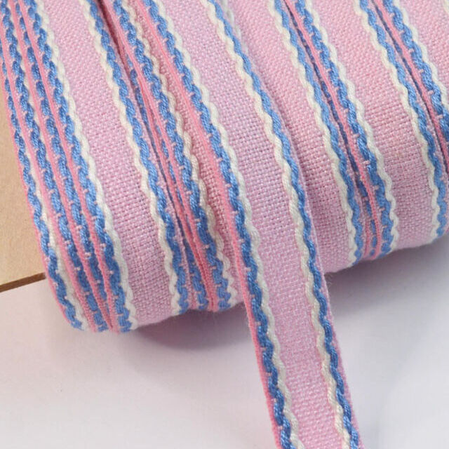 15mm Stitched Edge Braid Cotton Tape - Pink, Blue & White (50m Roll)