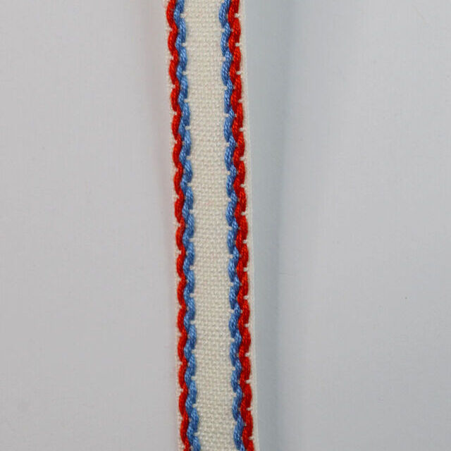 15mm Stitched Edge Braid Cotton Tape – White, Blue & Red