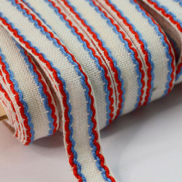 15mm Stitched Edge Braid Cotton Tape - White, Blue & Red (50m Roll)