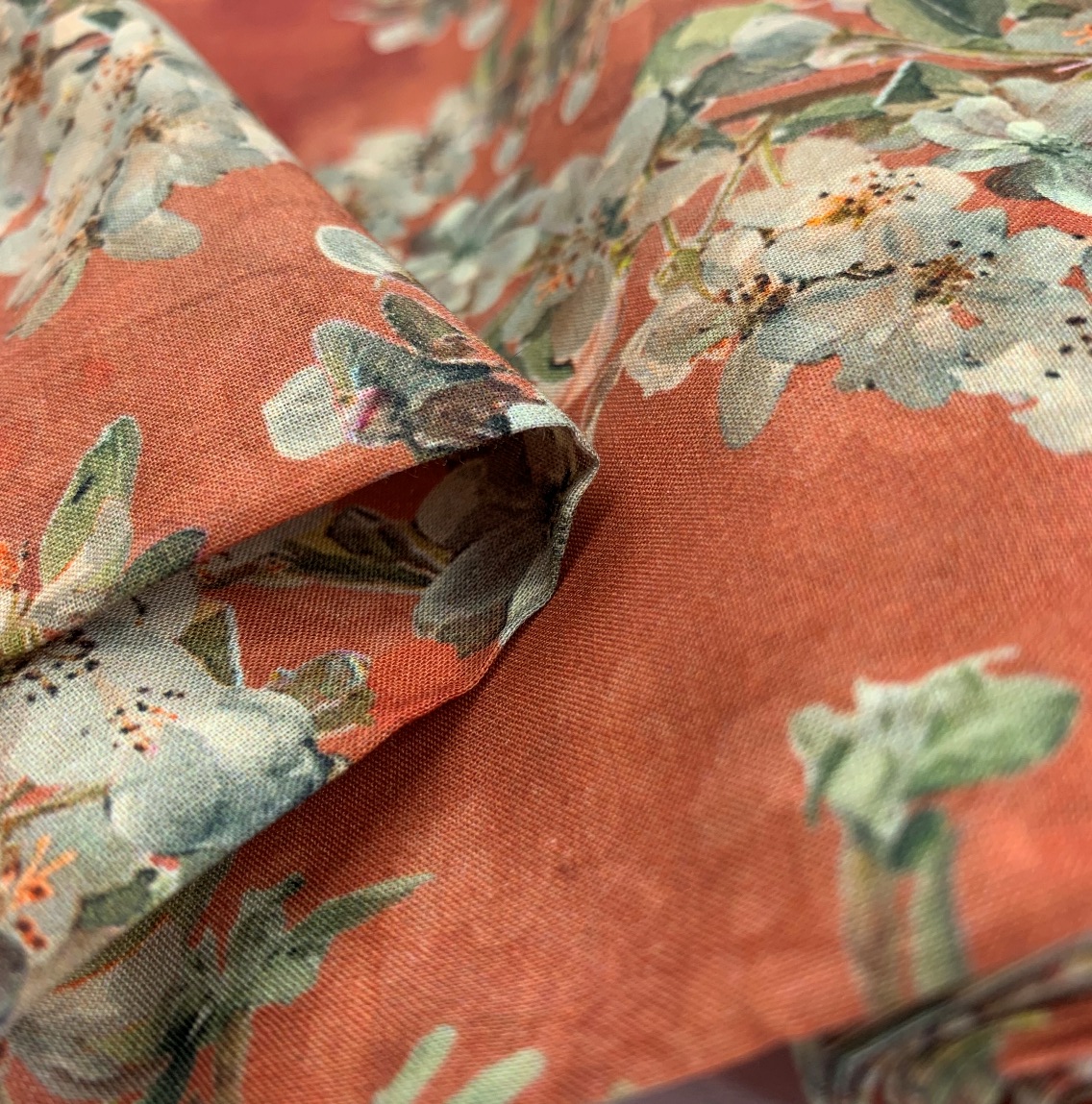 Superb Digitally Printed Orchids In Rust Cotton Lawn From John Louden