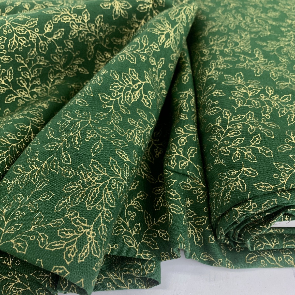 Christmas Cotton Fabric Holly Green Gold