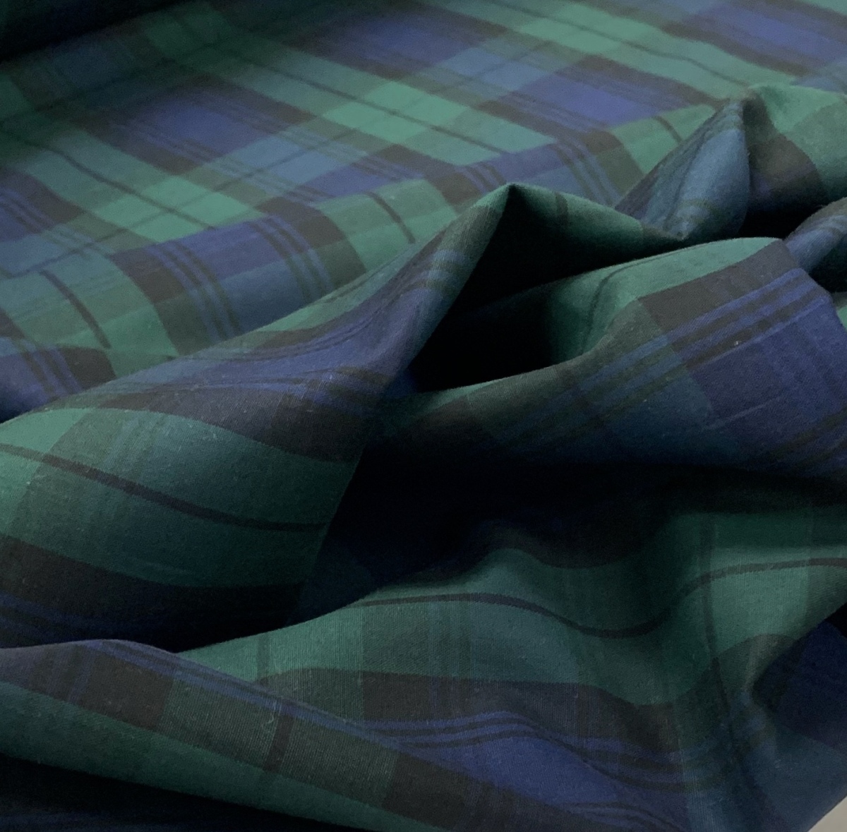 Tartan Lawn - Black Watch - Black Navy Green Tartan Design Cotton Lawn. - Fold