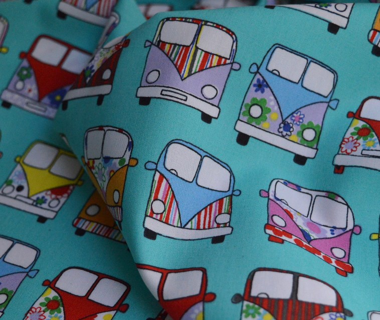 Turquoise Vw Campervan Print Cotton Poplin