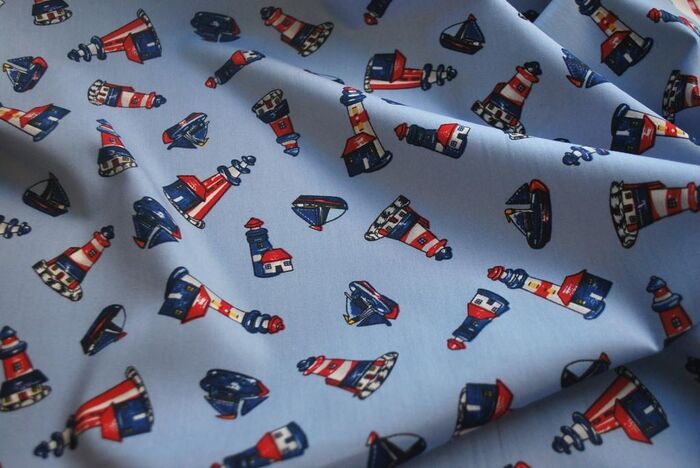 Elliott - Lighthouse and Boat Print Cotton Fabric